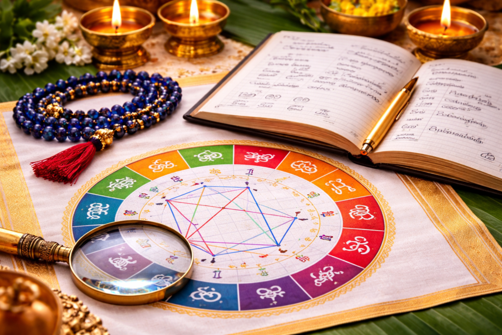 Horoscope reading Kerala style with astrology chart, panchanga and traditional pooja setup