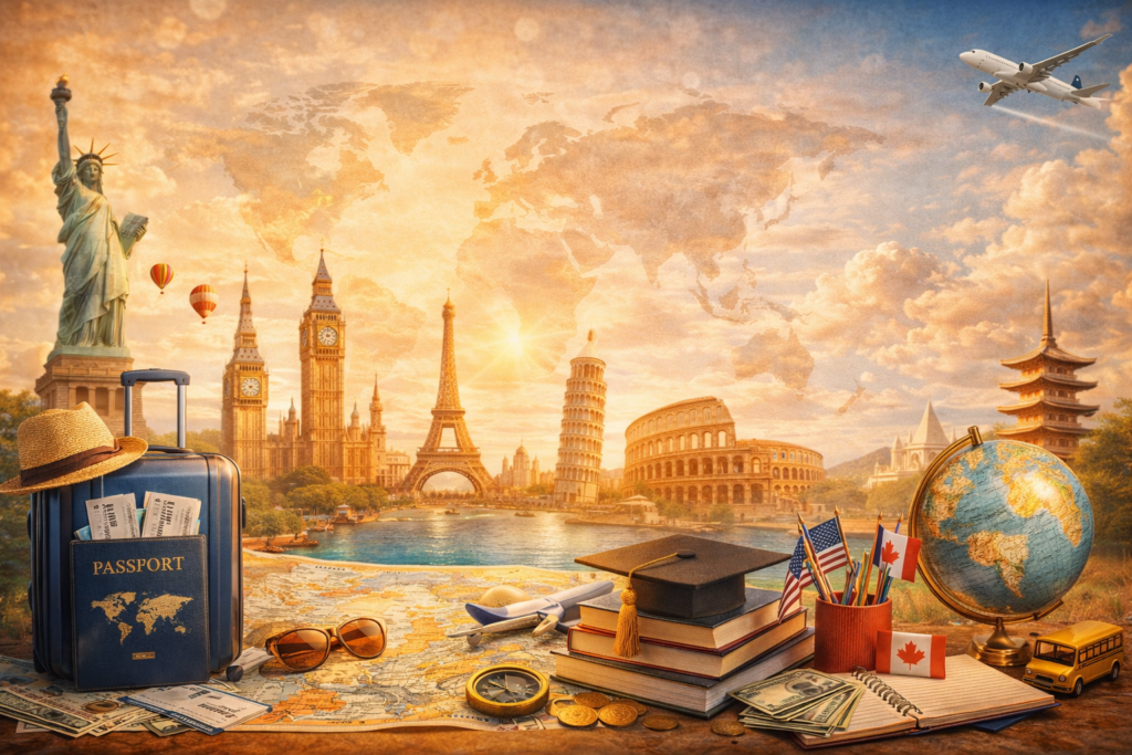 International travel and education concept with global landmarks, passport, suitcase, books, and graduation cap