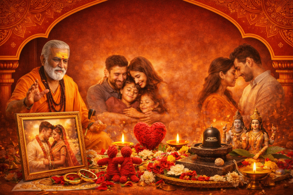 Family bonding and couple relationship harmony with spiritual elements and traditional setting