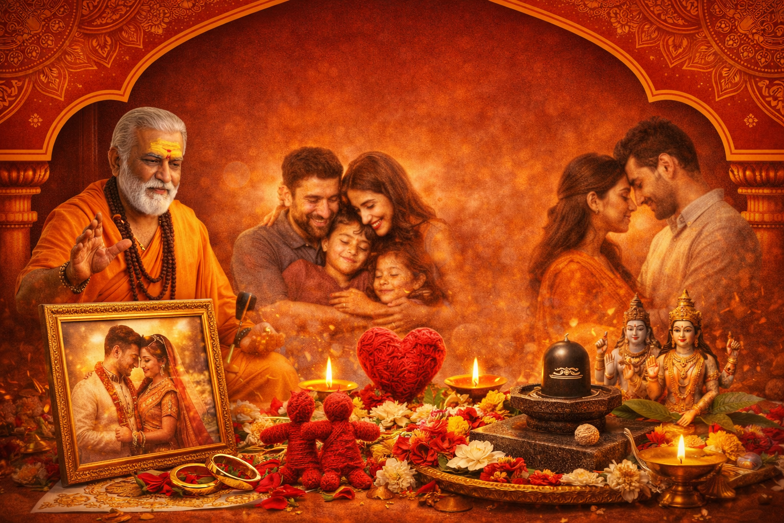 Family bonding and couple relationship harmony with spiritual elements and traditional setting