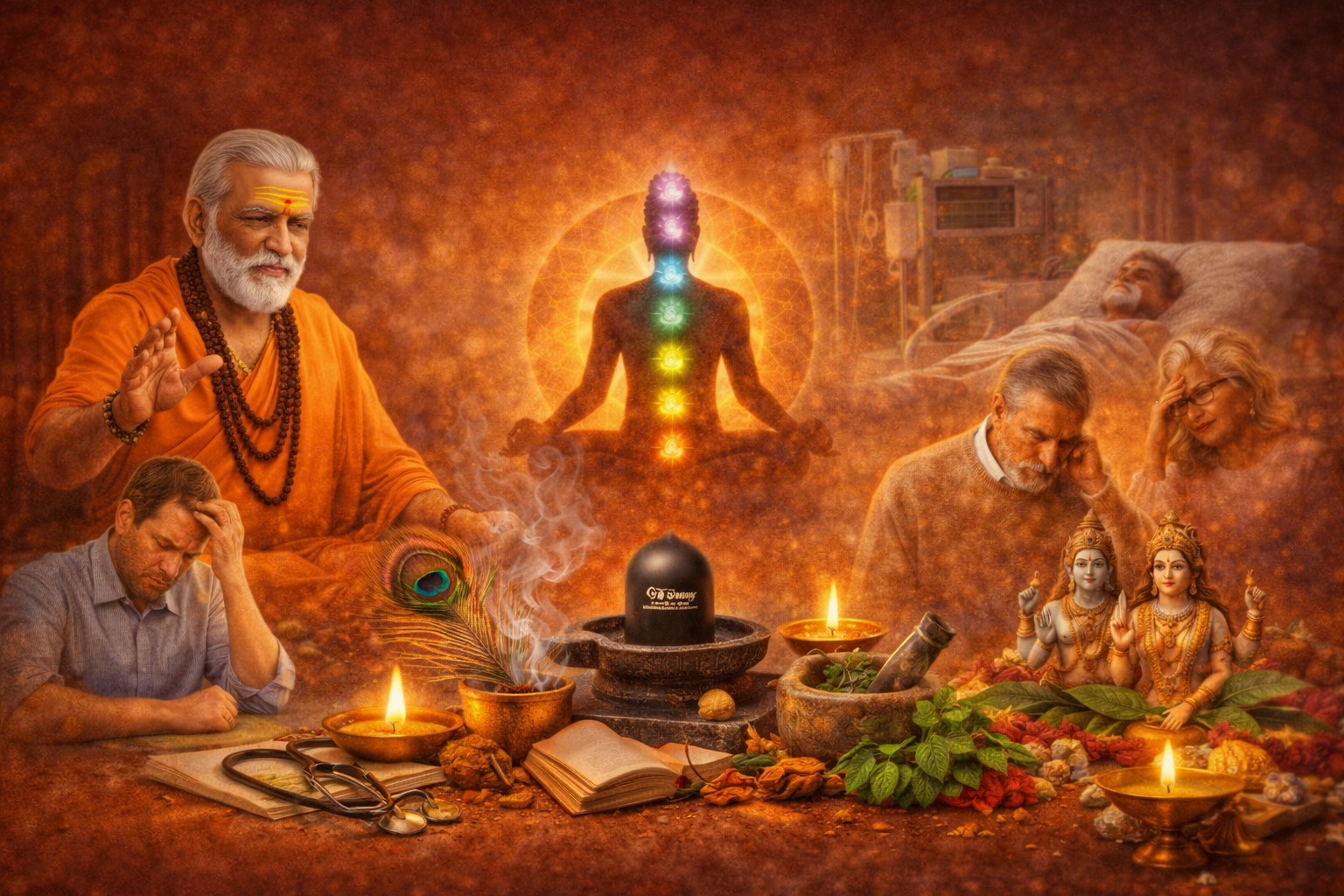 Spiritual healing and health guidance concept with meditation, traditional rituals, and emotional support imagery