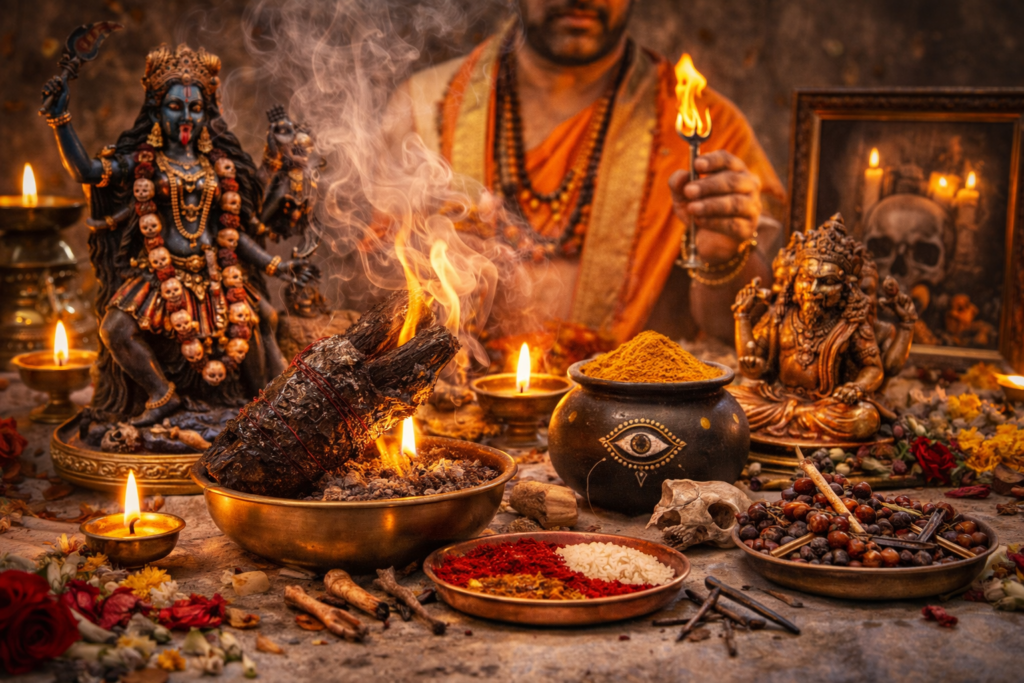 Kerala style pooja for removing negative energy with traditional ritual setup and homam fire