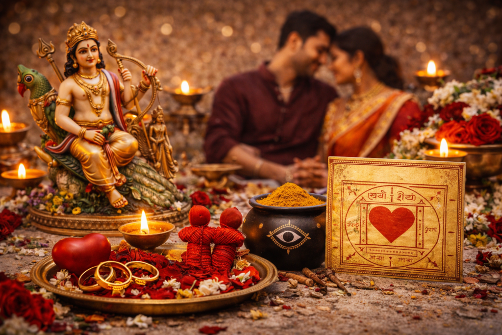 Kerala style pooja setup for relationship harmony with traditional lamps, flowers and ritual items