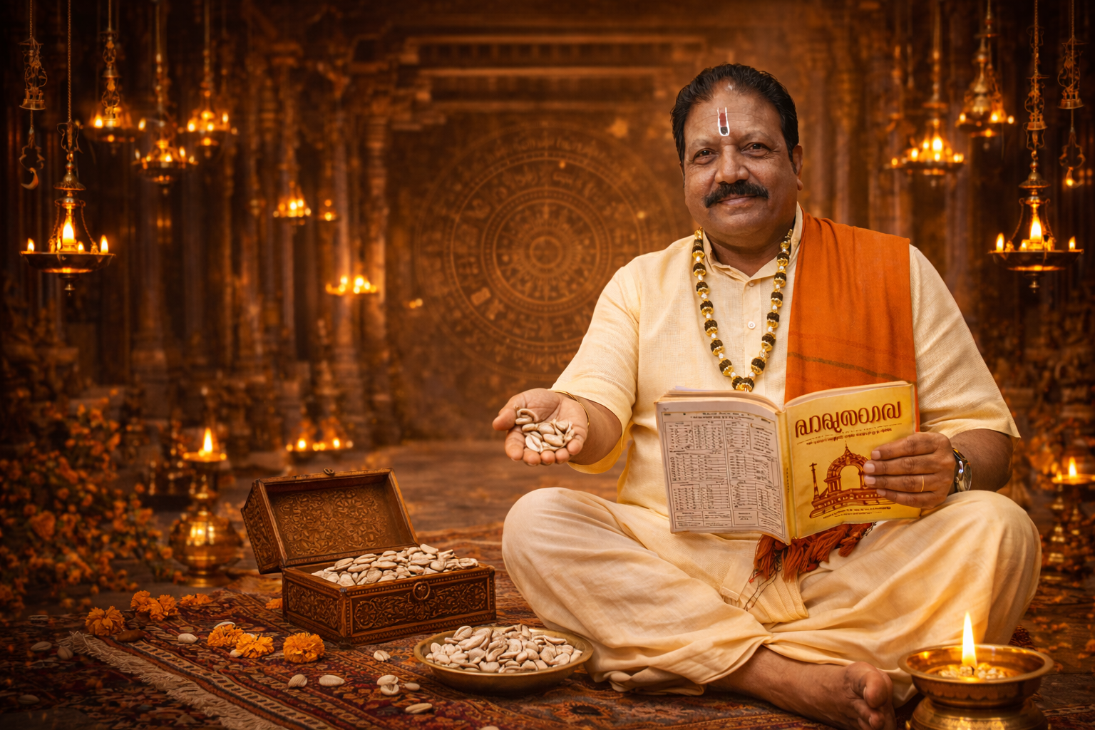 Kerala astrologer in Bangalore performing Kavade Shastra with cowrie shells in traditional temple setup