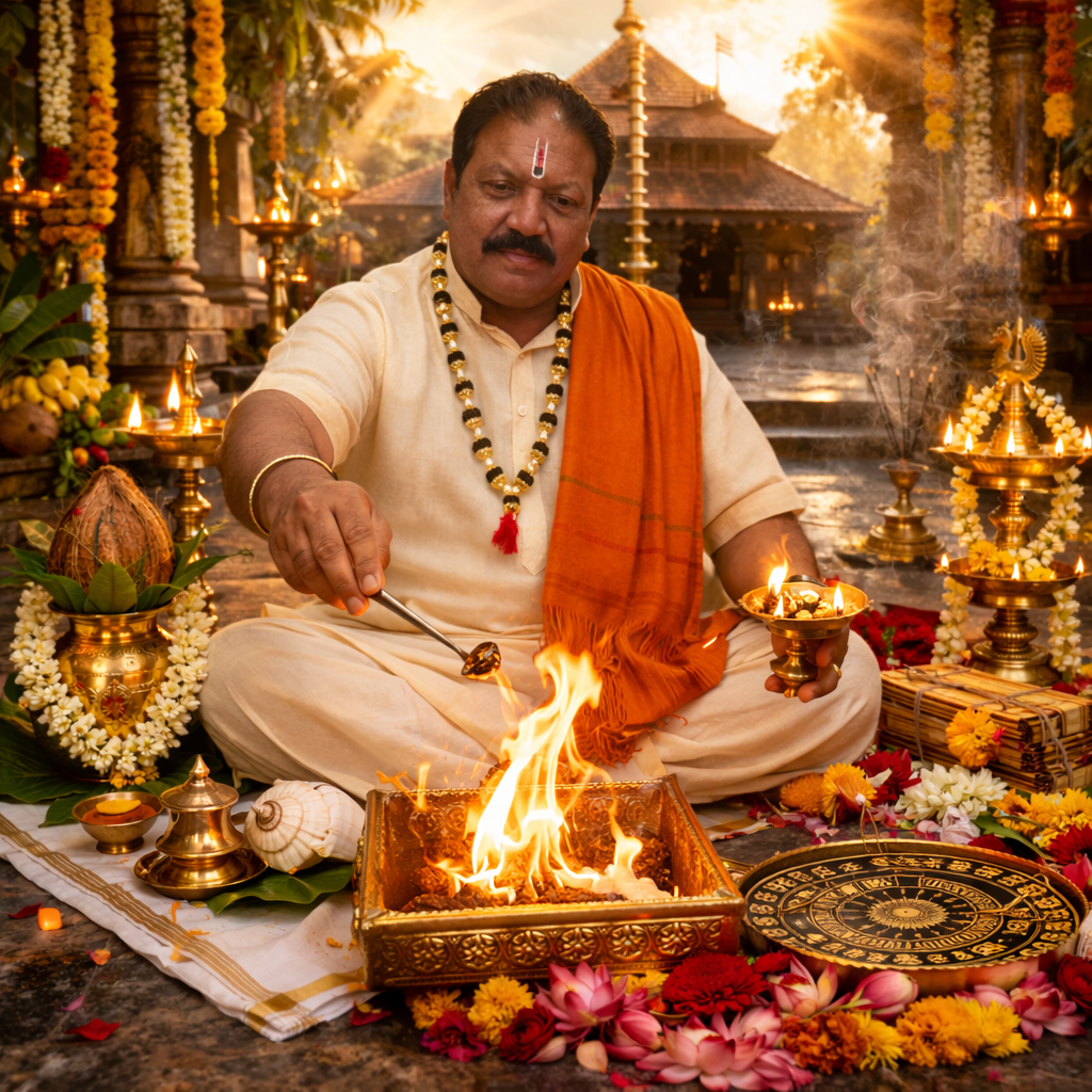 Kerala astrology pooja setup with sacred items horoscope reading Bangalore Guruji consultation