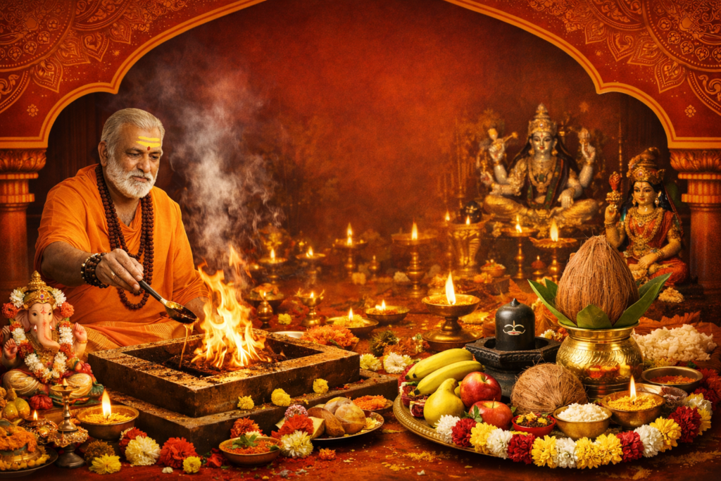 Priest performing traditional Hindu homam ritual with sacred fire, idols, and pooja offerings