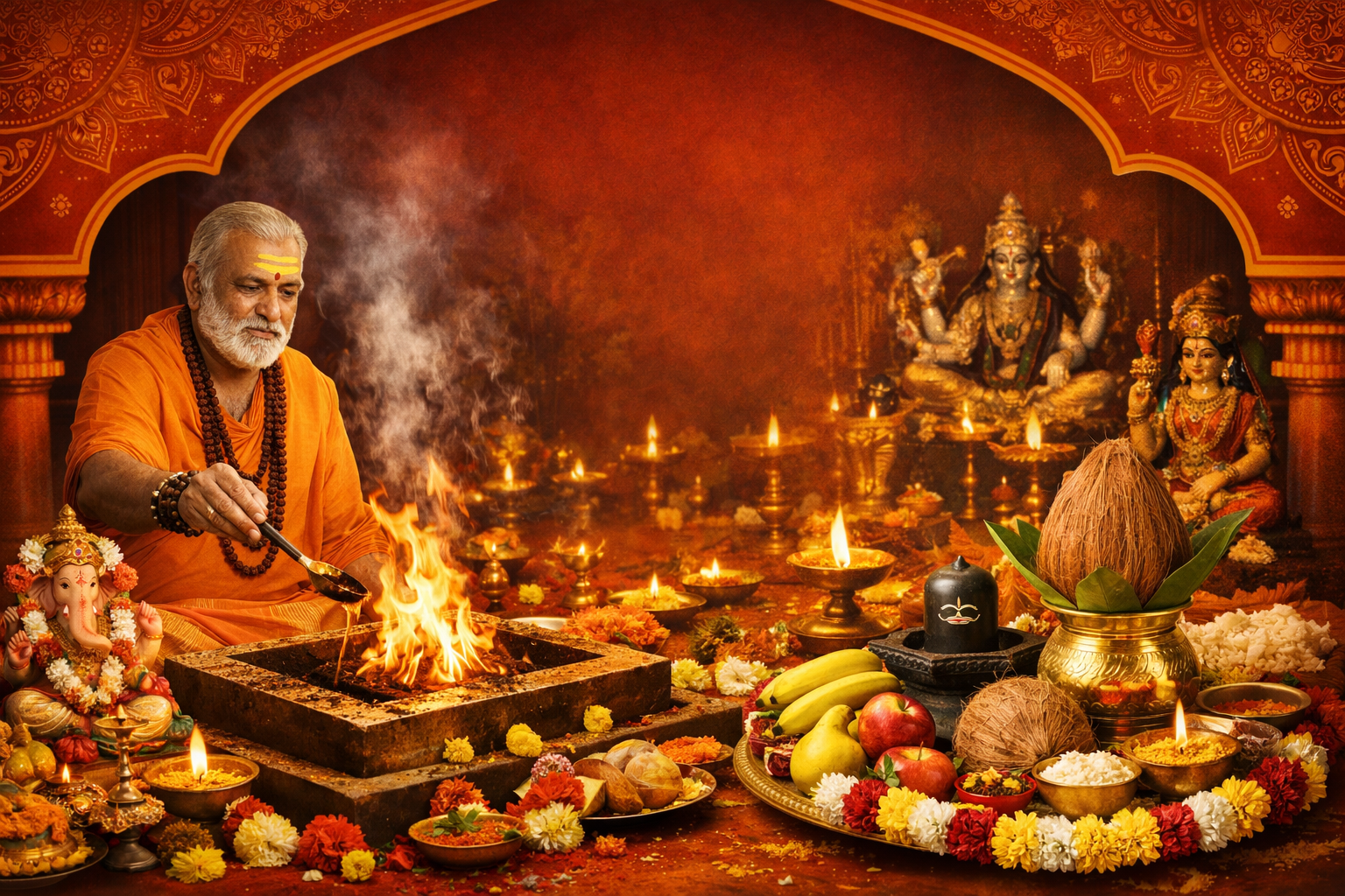 Priest performing traditional Hindu homam ritual with sacred fire, idols, and pooja offerings