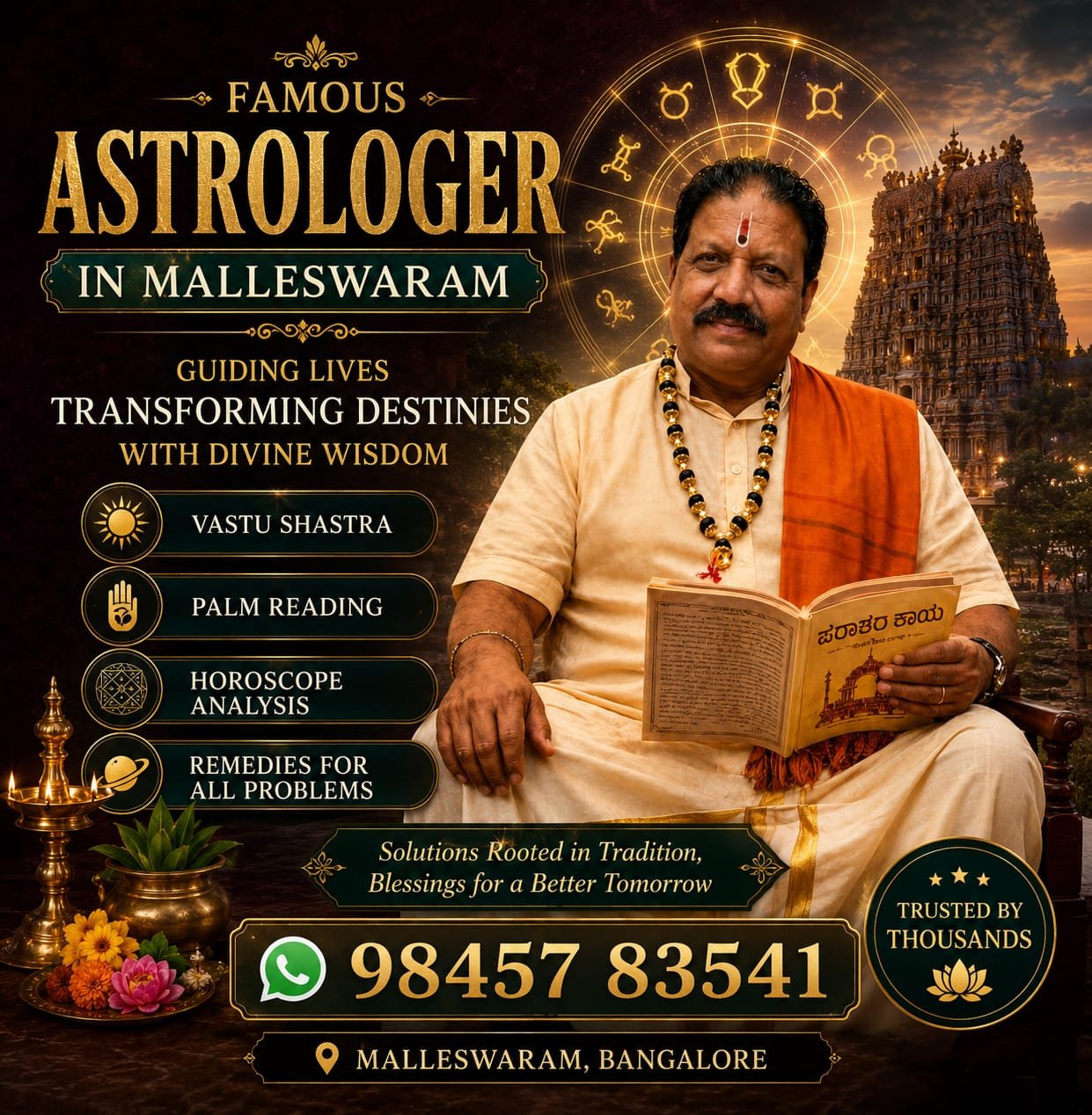 Promotional poster of a famous astrologer in Malleswaram, Bangalore offering Vastu Shastra, Palm Reading, Horoscope Analysis, and traditional astrology guidance with temple background and contact details.